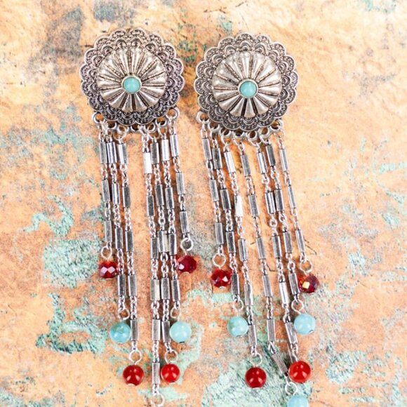 ICON Turquoise & Silver Concho Fringe Chandelier Earrings NWT - Picture 1 of 5